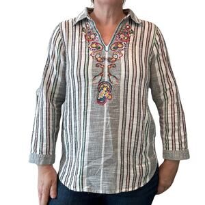 Soft Surroundings Boho Blouse, 100% Cotton, Striped, Embroidered Women’s Size PS